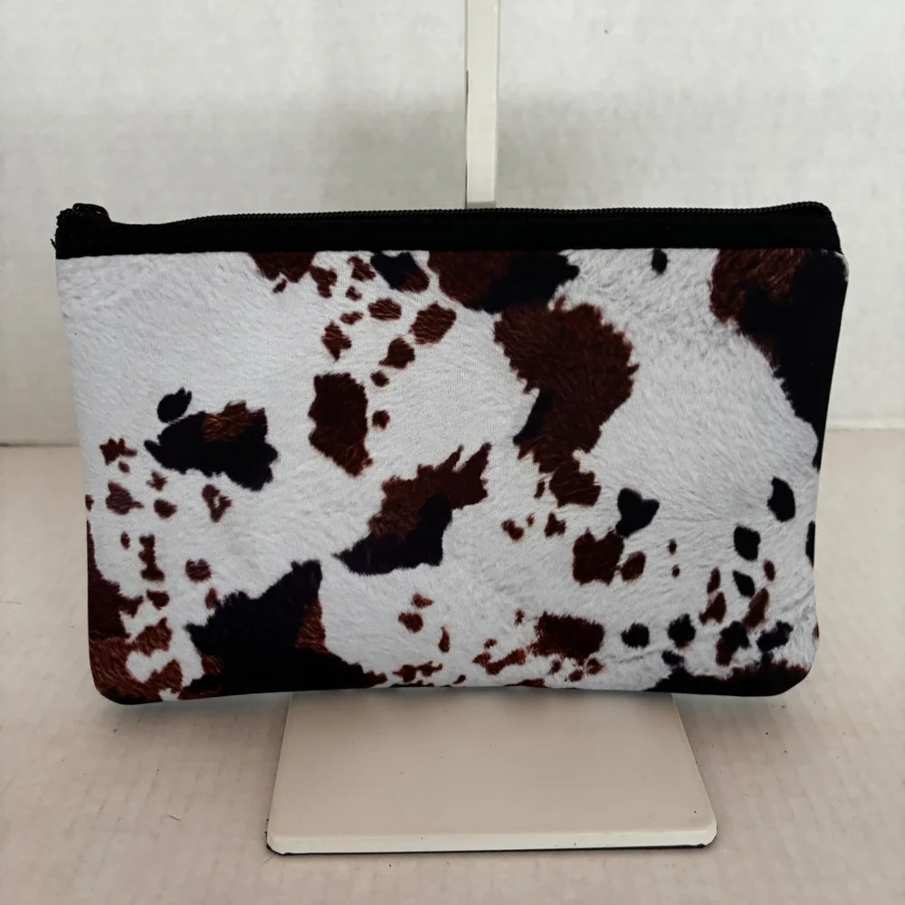 Makeup Bag Women Small Brown White Cow Print‎ Faux Cowhide Western Pouch
